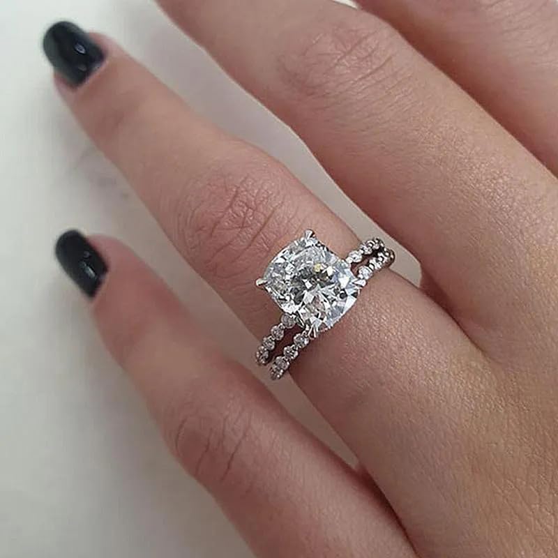 925 Sterling Silver Bridal Ring Sets Emerald Cut CZ Promise Ring Square Wedding Engagement Ring,18K White Gold Plated Cubic Zirconia Promise Eternity Ring Set for Women Size 6-10（10 Silver） - Image 4