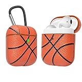 AirPods Case, Takfox Airpod Case Accessories Cover Protective Shockproof Scratch Resistance Leather Headphone Case with Carabiner/Keychain Skin for Apple Airpods 2 & AirPods 1 Charging Case-Basketball