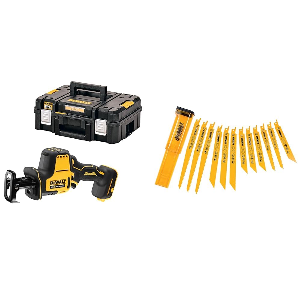 DEWALT DCS369NT-XJ Scie Sabre Compacte - XR 18V - Brushless - Sans Batterie Ni Chargeur - En Coffret TSTAK & DT2445-QZ Lame pour Scies Sabre, Argent, Set de 12 Pièces
