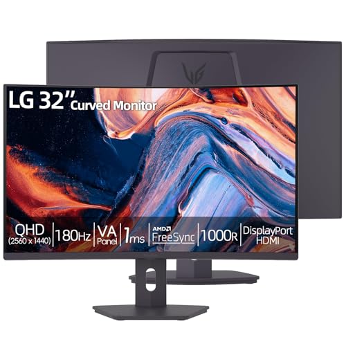 Image of LG 32 inch Curved Monitor, QHD 1440p VA Panel, 180Hz, 1ms GtG, 1000R Deep Curvature, AMD FreeSync Compatible, HDR10, sRGB 99% Color, HDMI x2, DisplayPort x1, Height Tilt Swivel Adjustable Stand