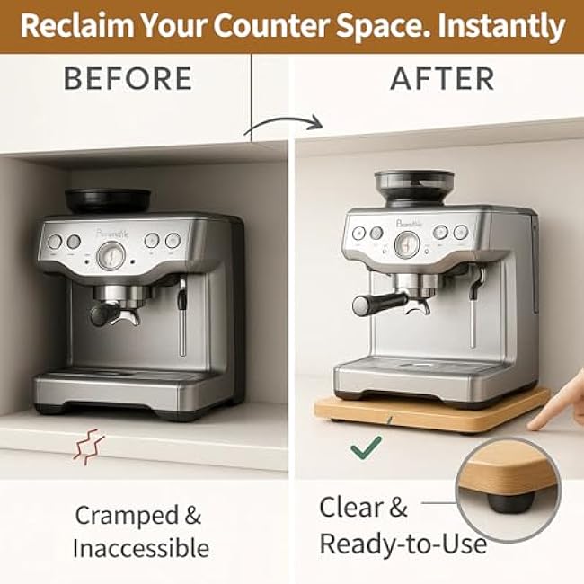 Bamboo Appliance Slider|16D x 13W Sliding Tray for Coffee Maker on Countertop|Heavy-Duty Coffee Pot Slider Tray & Kitchen Caddy for KitchenAid Mixer, Air Fryer