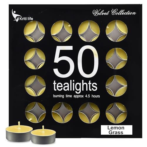 Image of Kriti Life Lemon Grass Scented Tealight Candles - 100% Paraffin Wax, Smokeless, Long Burn Time (4.5 Hours), Dripless Yellow Candles for Home Decor, Diwali, Weddings & Meditation - Set of 50