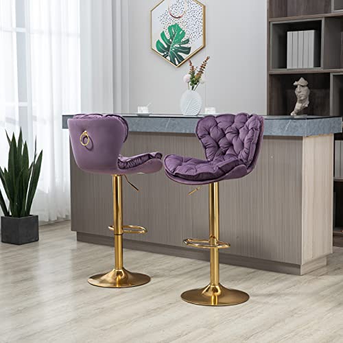 Kivenjaja Velvet Tufted Bar Stools Set Of 2, Modern Height Adjustable Swivel Barstools Counter Chairs With Back & Gold Metal Base For Pub, Kitchen, Cafe (Purple) #TOP1