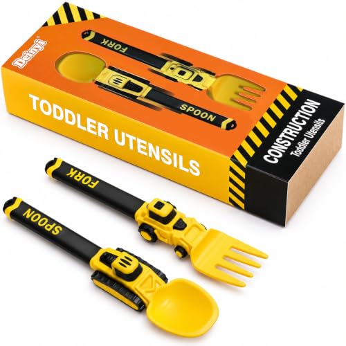 Deinyi Construction Toddler Utensils Reusable Plastic Toddler Fork and Spoon with Storage Case Kids Utensils for 1 2 3 4 5 6 7 Year Old Halloween Christmas Birthday Gifts Yellow