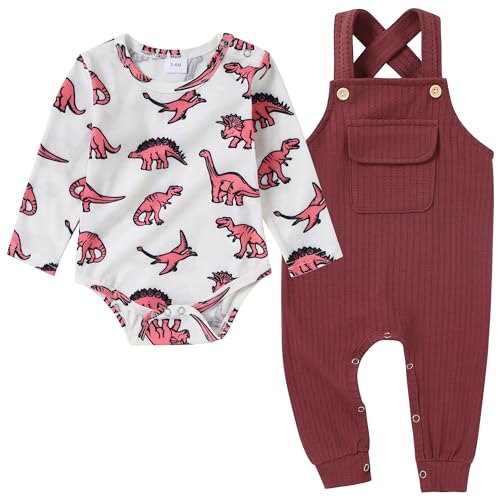 Image of CARETOO Newborn Baby Boy Clothes Infant Boy Romper Fall Winter Outfits Bodysuit 2Pcs Striped Long Sleeve Top Overalls 0-18M(Red 3-6M)