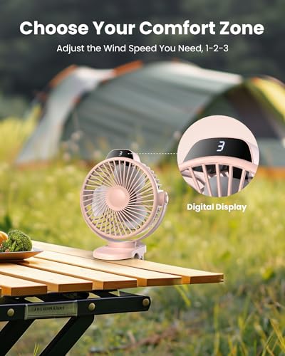 Image of Koonie Portable Clip On Fan, Small USB Battery Operated, 3 Speed Rechargeable Mini Pink With LED Display, 360 Rotate Personal Cooling for Desk Stroller Travel Camping Golf Gym