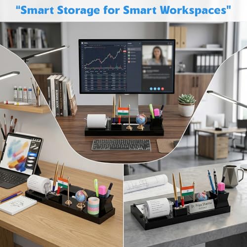 Image of panku 9 Compartment Acrylic Pen Stand For Office Study Table Multipurpose With Drawer Desk Organizer Smoke Black Color Pack of 1 (With Special Desk Organiser's accessory)