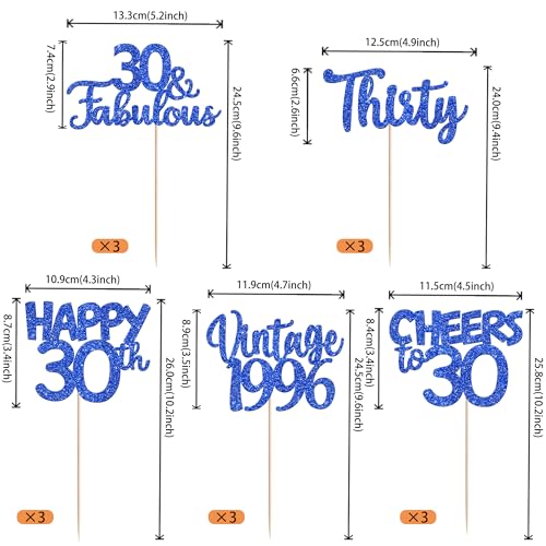 Image of 15 PCS 30th Birthday Centerpiece Sticks Thirty Happy 30 Vintage 1996 Table Flower Centerpieces Sticks Cheers to 30 Fabulous Floral Decorations for 30th Birthday Party Supplies Blue