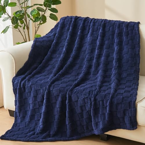 NEWCOSPLAY Super Soft Throw Blanket Dark Navy Premium Silky Flannel Fleece 3D Checkered Lightweight Bed Blanket All Season Use (Dark Navy Checkered, Throw(50"x70"))