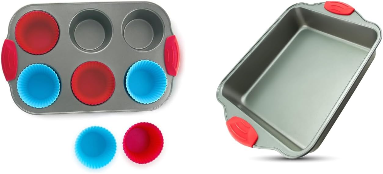 Boxiki Kitchen Duo: Non-Stick Steel Jumbo 6-Cup Muffin Pan with Silicone Handles & Reusable Liners + Non-Stick Steel 8x8 Square Baking Pan.
