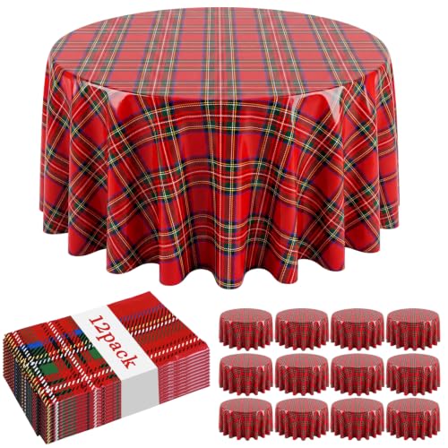 Ganeen 12 Pcs Christmas Tartan Plaid Tablecloth Round 84 in Red Plastic