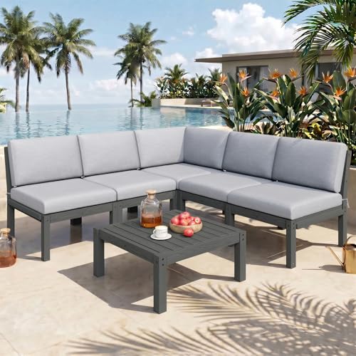 Image of Modular Outdoor Patio Conversation Set, 6-Piece L-Shaped Sectional Sofa Set with Coffee Tables & Thick Cushions, Easy Side Interlock, HIPS All-Weather Patio Furniture Set for Backyard, Deck, Poolside