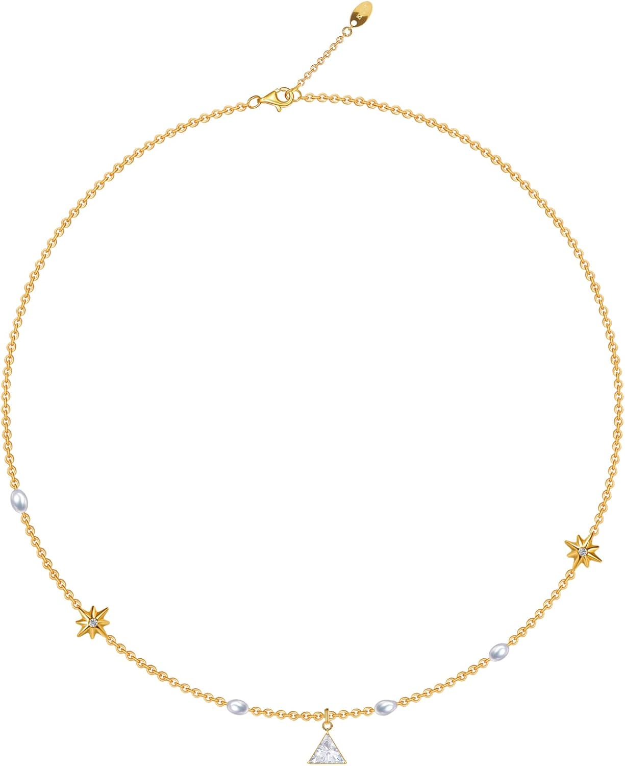 Geometric Star-Shaped Triangular Pendant Necklace Inlaid with Zircon and Pearl Spliced Chain Titanium Steel Plated with 18K Gold Korean Trend Personality Jewelry