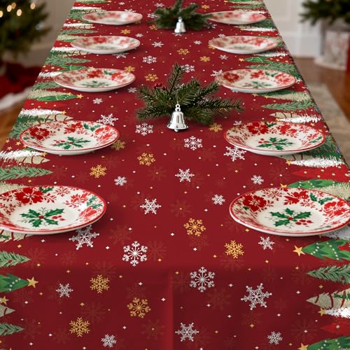 Image of Gistome 3-Piece 54 x 108 Inch Christmas Tree Plastic Tablecloth - Holiday Disposable Red and Green Table Cover for Christmas Dinners, Winter Parties, and Indoor Outdoor Decorations