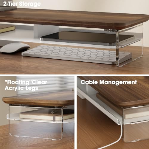 Image of Fenge 42.5 inch Dual Monitor Stand with Clear Acrylic Legs, Brown | Clear acrylic, storage compartment, 2-tier home office monitor riser, wide large desktop shelf fit monitor /laptop /printer