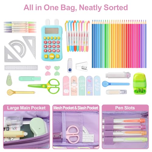 Image of Cute Kids Pencil Case - Girls Pen Pouch Large School Organizer | Pen Bag & Smooth Zipper, Multi-Slot Storage, Mesh Pocket, 900D Water Resistent, Giftable School Supplies, Purple Mermaid