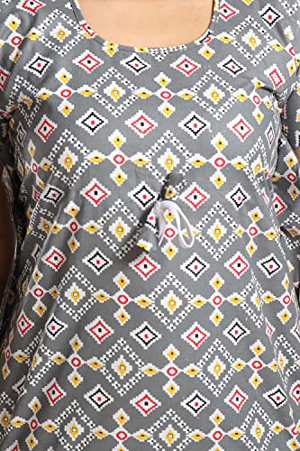 Image of Fabme Women's Cotton Printed Kaftan and Pyjama Set - Grey