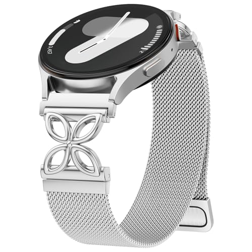 Upeak Metall Armbänder Kompatibel mit Samsung Galaxy Watch 7 6 5 4 Armband 40mm 44mm - 20mm Mesh Loop Magnetarmband mit Blumendesign für Galaxy Watch 4 6 Classic/5 Pro/3 41mm/Active 2/FE Silber