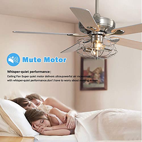 Sofucor Industrial Cage Ceiling Fan With Lights And Remote AC Motor 52 Inch Brushed Nickel Indoor Ceiling Fan With Iron Lampshade Flush Mount 3-Speed Noiseless Reversible Motor Silver - Image 7