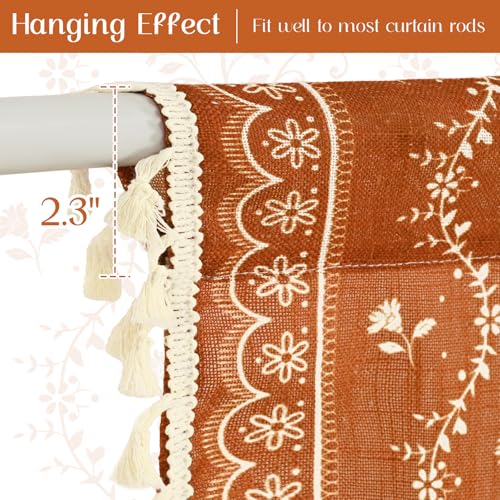 Image of Yinhua Boho Tie Up Curtains for Windows Vintage Linen Valance Light Filtering Floral Valance Rod Pocket Rustic Adjustable Tassel Window Valances for Bathroom, 42 inch W X 45 inch L, Orange