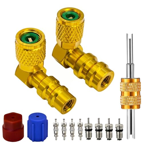 VOTNMIC R12 to R134A AC Retrofit Fitting Adapter Kit Brass R12 R22 to R134A High/Low Fitting Port Retrofit 1/4 to 7/16-20 UNF Conversion Adapter (90 Angled High and Low Side Conversion Kit)