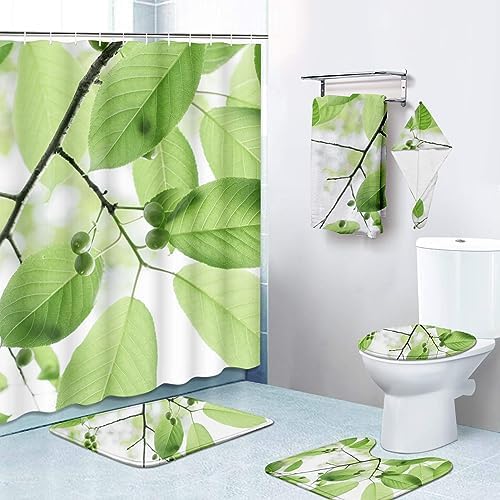 6 Piece Green Shower Curtain Set, Bathroom Decor Set with Rug with Non-Slip Rug Toilet Cover Bath Mat 72 x 72 Inches (72×72) f