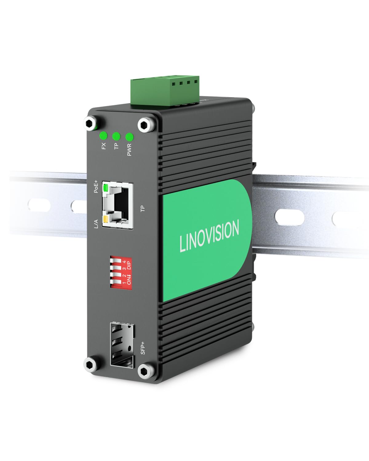 LINOVISION Switch Industriel Fibre PoE+ 10 Gigabit Ethernet, convertisseur de média PoE 10GBASE-X SFP+ vers 10G/5G/2,5G/1G/100M Conforme à la Norme 802.3af/at pour appareils PoE à Haute Vitesse