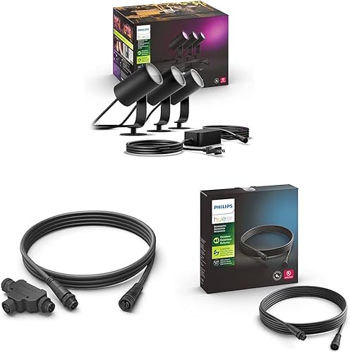 Philips Hue White and Color Ambiance Lily - Kit de base para exteriores y cable de 8 pies y conector en T y extensión de cable de 16 pies para