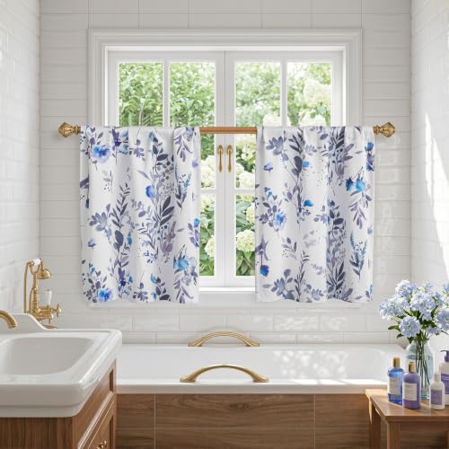 Image of MYSKY HOME Floral Kitchen Tier Cafe Curtains 24 Inch Length 2 Panels Privacy Small Window Treatments Rod Pocket for Bathroom Basement, Blue, 30 inch Wide Each Panel