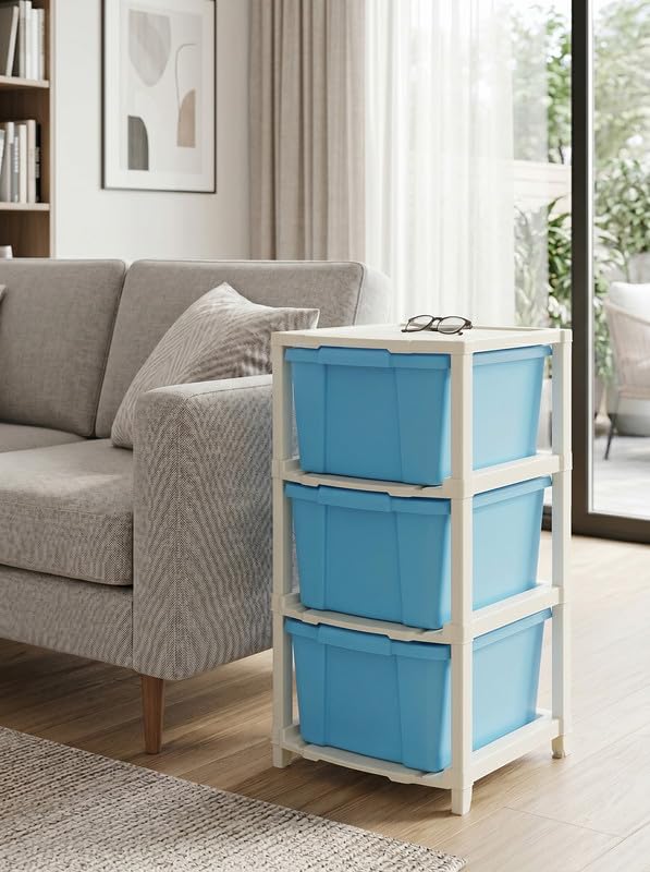 Image of Kavira Plastic Drawer Storage Tower - Space Organizer|Blue,3 Layer