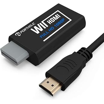 PORTHOLIC Wii Adapter HDMI Adapter Wii to HDMI Wii to HDMI Converter with 1080P/720P Input and Output Video and Audio 3.5 mm + HDMI Cable for All Display Modes Black