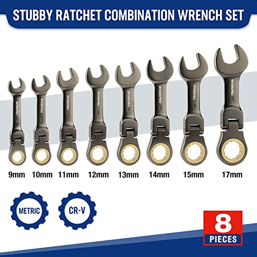 Workpro 8-Piece Flex-Head Stubby Ratcheting Combination Wrench Set, Metric 9-17 Mm, 72-Teeth, Crv, Nickel Plating With Rolling Pouch #TOP1