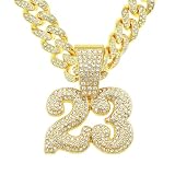 Bling Iced Out Cuban Link Chain with Number Pendant,Chunky Diamond Cubic Zirconia Basketball Pendant Gold Plated NO.23 Necklace for Men,Athletes Sports Team Inspiration Jewelry