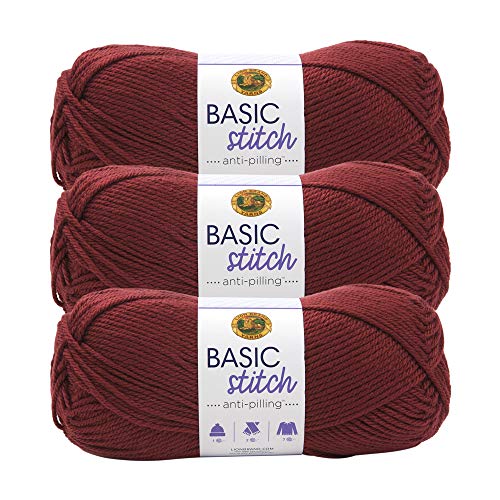 Image of Lion Brand Yarn Basic Stitch Anti-Pilling Yarn for Crocheting, Knitting, and Crafts, Pomegranate, 3 Pack