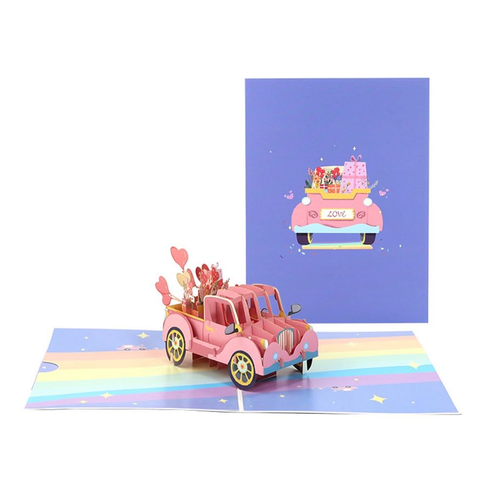 Love Car 3D Pop Up Card - Pink Vintage Truck with Red Hearts,3D Greeting Card for Anniversary, Wedding, Valentine's Day