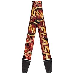 The Flash Logo3 Poses Sangle de guitare Noir Rouge Or 2 pouces de large - Les Beatles, Paul McCartney, John Lennon, RIngo Starr, George Harrison