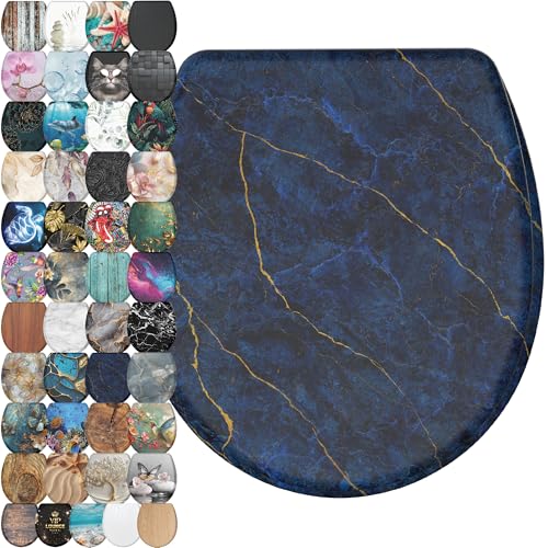 Image of Sanilo Wooden Toilet Seat with Quick Release & Soft Close [ROUND] - Decorative & Slow Close Molded Wood Seat - With One Click for Easy Installation & Cleaning - With Adjustable Fit (Marble Darkblue)