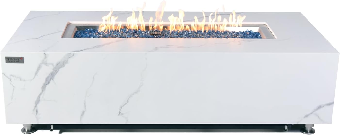 ELEMENTI Outdoor Fire Table 45,000 BTUs Natural Gas Firepit Patio Coffee Table Furniture, Backyard Fireplace Marble Porcelain Rectangle Fire Pit, 17Inch-High (White)