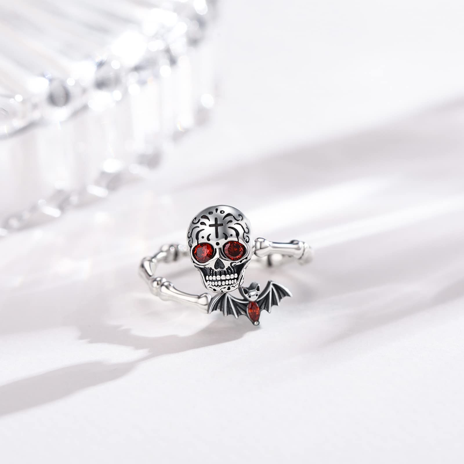 Anillo de calavera Anxiety de plata de ley 925, anillo de murciélago ajustable, regalo de San Valentín, joyas para mujer, Plata de ley