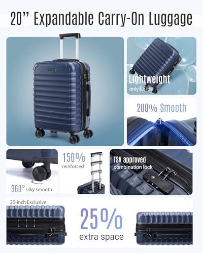 LIGHT FLIGHT Carry On Luggage 22x14x9 Airline Approved, Carry On Suitcases with Wheels, Expandable Hardside Lightweight Rolling Travel Luggage with TSA Lock 20 Inch Carryon, Dark Blue2