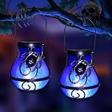 2 Pack Solar Halloween Hanging Lights Outdoor,Solar Spider Flickering Flame Lantern for Garden Yard Patio Halloween Party Decoration