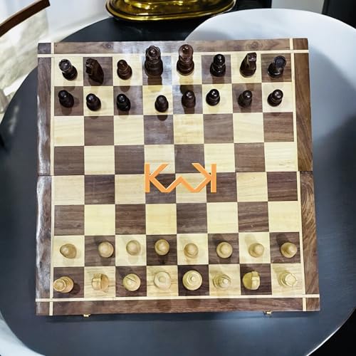 Image of Sheesham Wood | Wooden Non-Magnetic Foldable Chess Board with Coins | Multiple Size | Brown Colour | Square Shape | Storage Capacity. (KWK002)