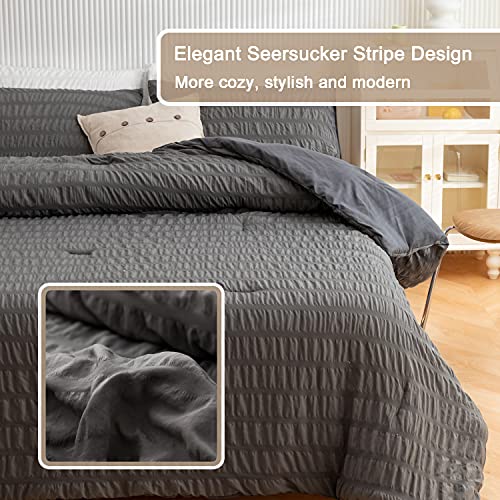 Sumfunry Seersucker Comforter Set 3 Pieces Easy Wash Soft Breathable Seersucker Bedding Set 1 Comforter 2 Pillowcases,All Season Lightweight Comforter,Queen Size,Grey #TOP4