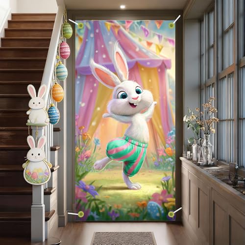 Image of Happy Easter Door Cover Dancing Bunny Banner Carnival Style Spring Front Door Decorations Home Party Outdoor Decor 35.4x71 Inch