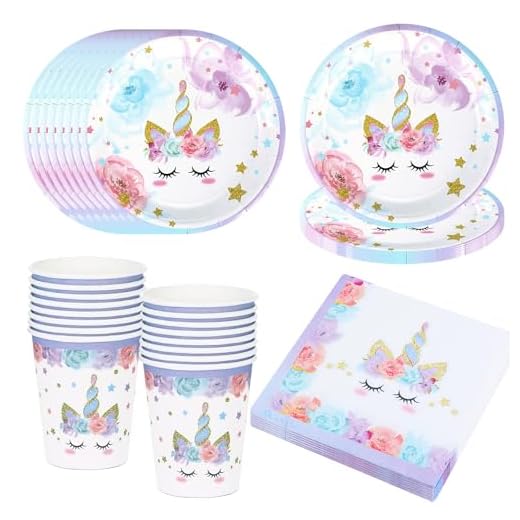 Bikasun Einhorn Partygeschirr Set, 16 Gäste Einhorn Teller Set, Einhorn Geburtstag Geschirr, Kindergeburtstag Teller Becher Servietten Pappteller Party Deko