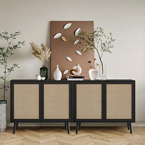 QHITTY Rattan Sideboard Buffet Cabinet, Accent Kitchen Storage Cabinet Console Table with Adjustable Shelves for Living Room, Dining Room, Bedroom (Black)