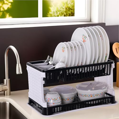 Kuber Industries Plastic 2 Tier Dish Drainer Rack | Kitchen Vessels Storage Rack | Bartan Stand | Drainer Drying Rack Washing Basket with Tray | Kitchen Utensils Organizer | Black & White, 47 x 29 x 28 cm