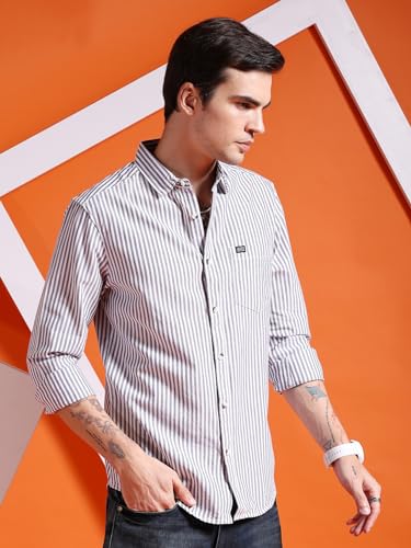Image of The Indian Garage Co Men Slim Fit Striped Full Sleeves Cutaway Collar Casual Shirt