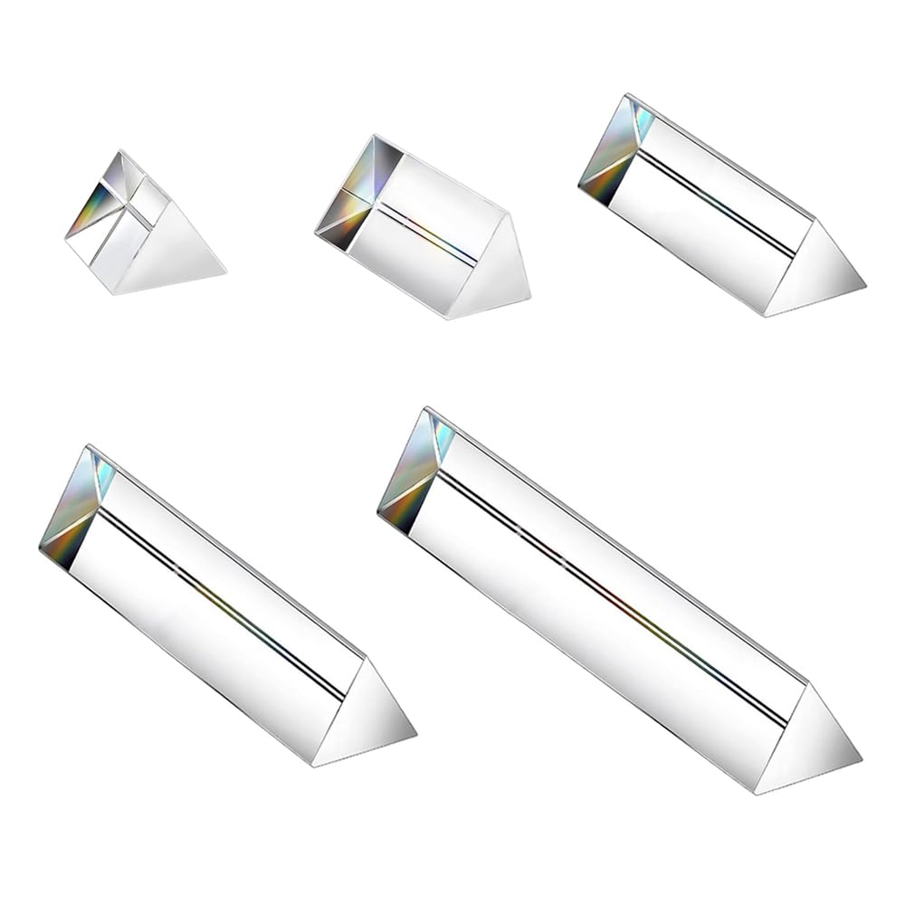 SagaSave 5Pcs K9 Crystal Optical Glass Triangular Prism Clear Triple Prism for Photography Effects Physics Teaching Light Spectrum Optics Kit, 30mm+50mm+100mm+150mm+200mm