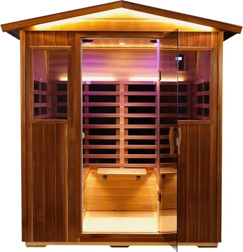 LTCCDSS Ultra-Low EMF Red Cedar Sauna 4-Person, Outdoor Far Infrared Sauna for Home, EMF 0.1-1mG, 6 Carbon Crystal Heaters, Bluetooth & Chromotherapy (68.1 * 52.4 * 82.7 in)